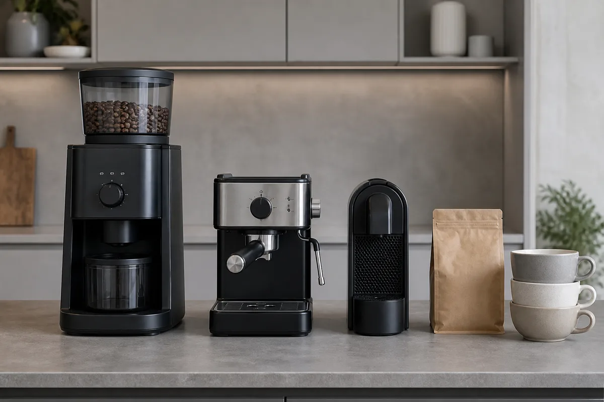 Plan de travail de cuisine avec plusieurs types de machines à café côte à côte