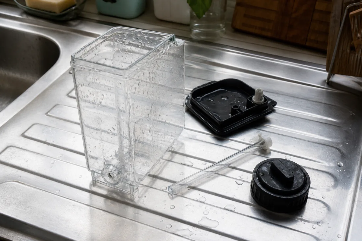 Carafe à lait amovible démontée en pièces sur un égouttoir de cuisine