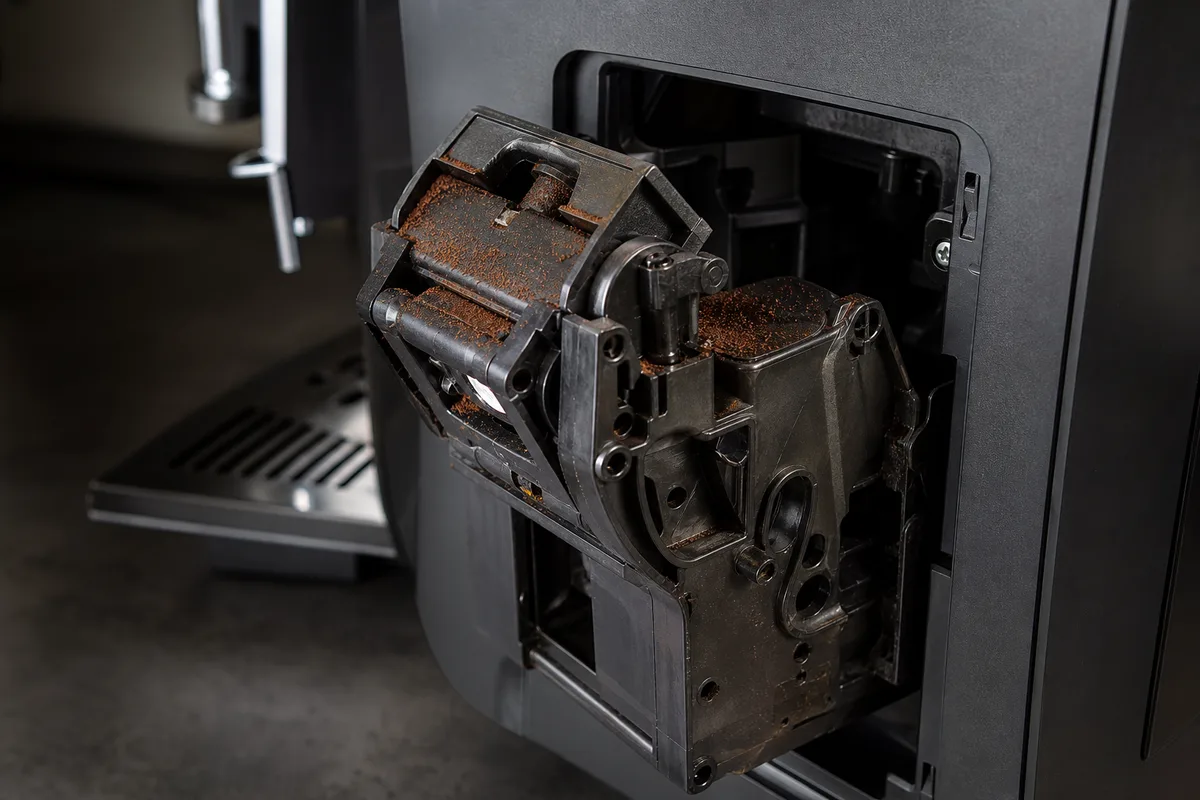 Trappe latérale ouverte laissant apparaître le groupe d&rsquo;infusion amovible d&rsquo;une machine automatique