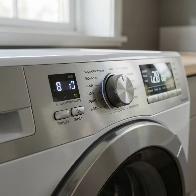Bandeau de commande d’un lave-linge avec sélecteur de programmes et affichage de la durée