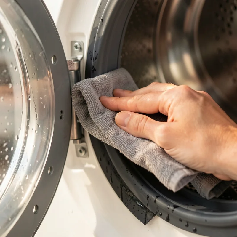 Joint de hublot d’un lave-linge frontal essuyé avec un chiffon, porte entrouverte