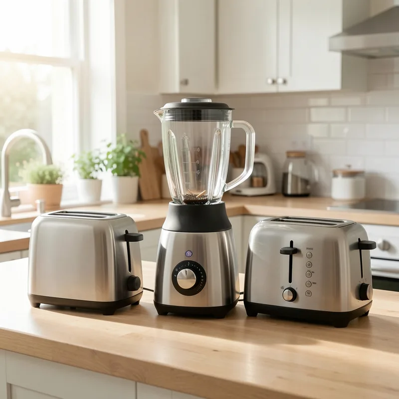 Cuisine équipée moderne avec four encastré, plaque de cuisson et petits appareils posés sur le plan de travail